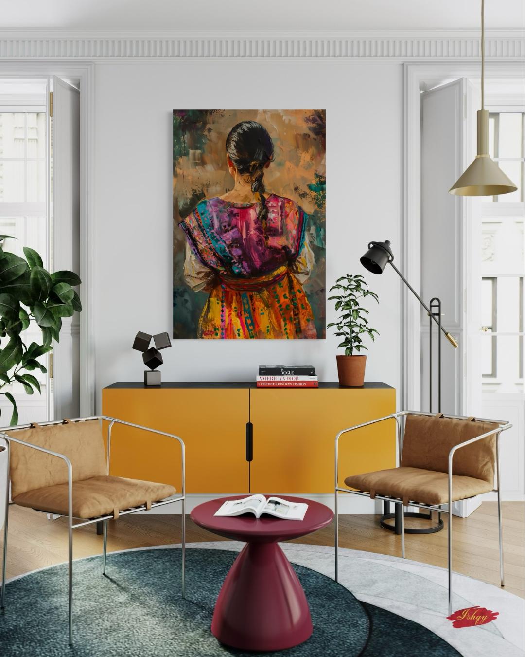 Guatemalan Woman Traditional Textile Wall Art Print, Canvas, Framed Canvas, Mayan Huipil Folk Art, Colorful Boho Bedroom Living Room Decor