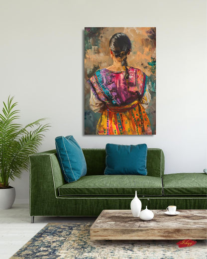 Guatemalan Woman Traditional Textile Wall Art Print, Canvas, Framed Canvas, Mayan Huipil Folk Art, Colorful Boho Bedroom Living Room Decor