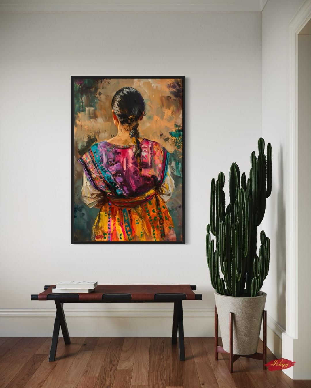 Guatemalan Woman Traditional Textile Wall Art Print, Canvas, Framed Canvas, Mayan Huipil Folk Art, Colorful Boho Bedroom Living Room Decor