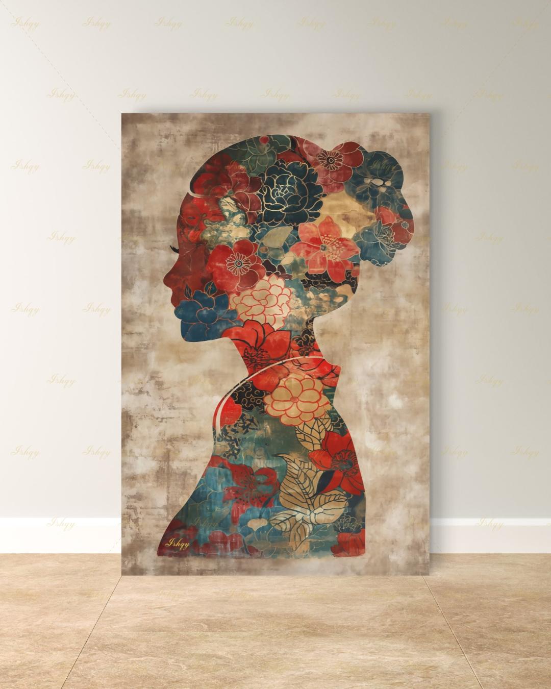 Chinese Woman Wall Art, Floral Silhouette Canvas Print, Asian Peony Botanical Decor, Boho Neutral Living Room Art, Framed Canvas Gift