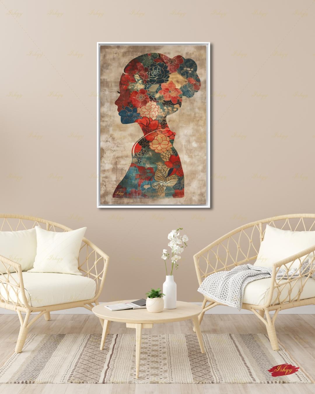 Chinese Woman Wall Art, Floral Silhouette Canvas Print, Asian Peony Botanical Decor, Boho Neutral Living Room Art, Framed Canvas Gift