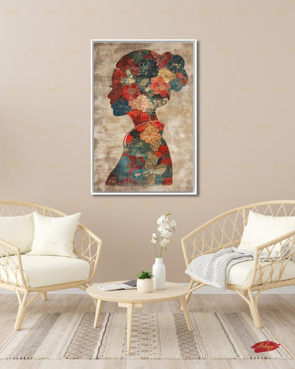 Chinese Woman Wall Art, Floral Silhouette Canvas Print, Asian Peony Botanical Decor, Boho Neutral Living Room Art, Framed Canvas Gift