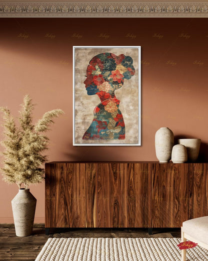 Chinese Woman Wall Art, Floral Silhouette Canvas Print, Asian Peony Botanical Decor, Boho Neutral Living Room Art, Framed Canvas Gift