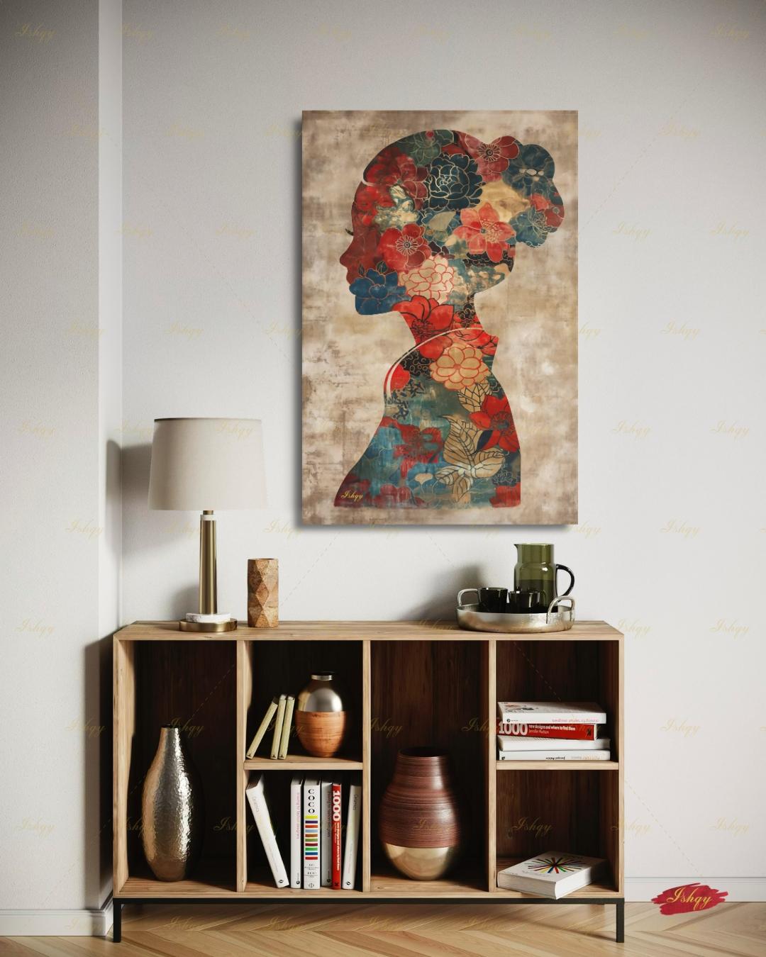 Chinese Woman Wall Art, Floral Silhouette Canvas Print, Asian Peony Botanical Decor, Boho Neutral Living Room Art, Framed Canvas Gift