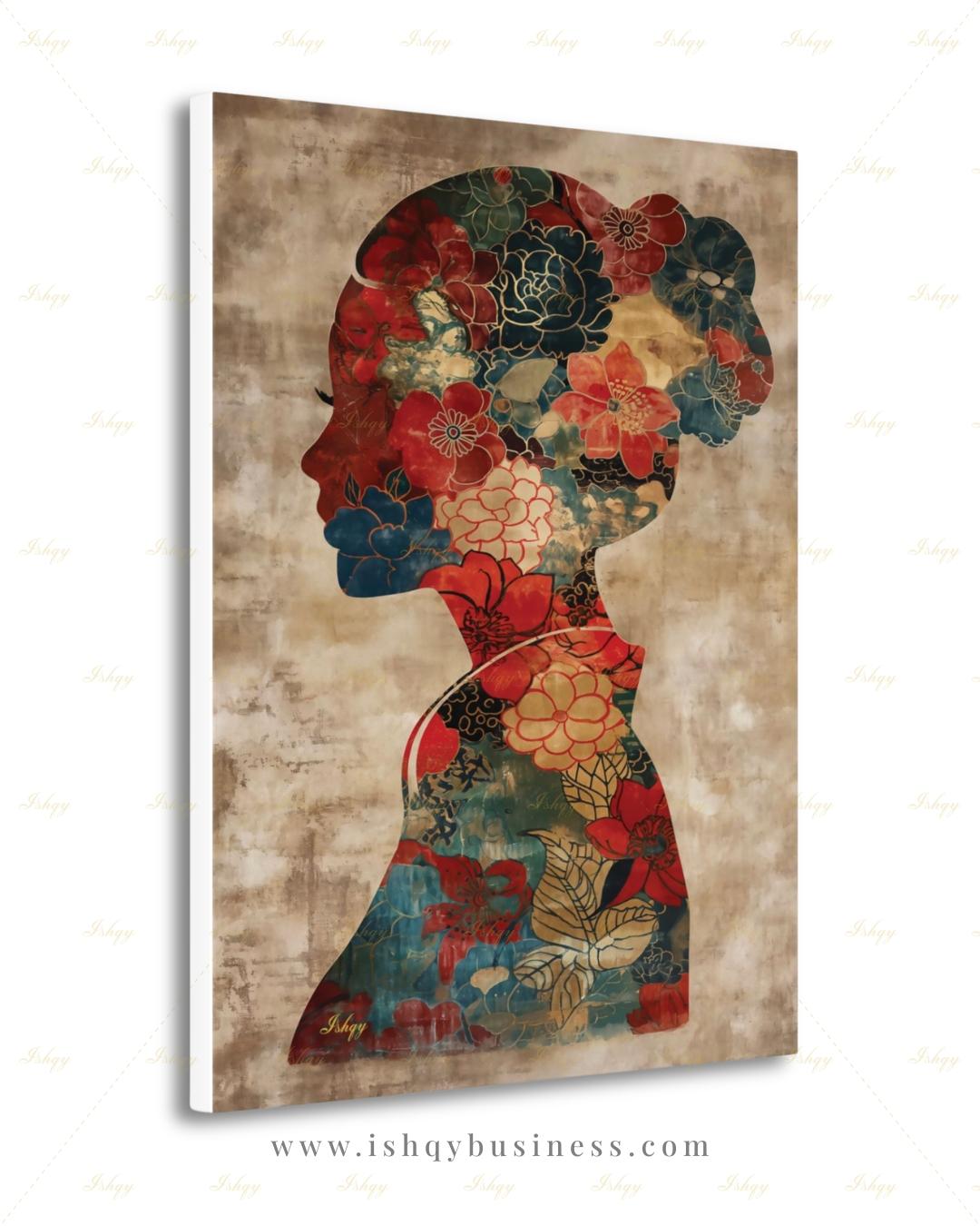 Chinese Woman Wall Art, Floral Silhouette Canvas Print, Asian Peony Botanical Decor, Boho Neutral Living Room Art, Framed Canvas Gift