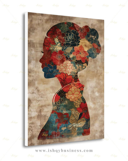 Chinese Woman Wall Art, Floral Silhouette Canvas Print, Asian Peony Botanical Decor, Boho Neutral Living Room Art, Framed Canvas Gift