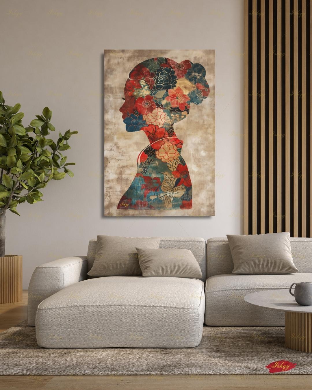 Chinese Woman Wall Art, Floral Silhouette Canvas Print, Asian Peony Botanical Decor, Boho Neutral Living Room Art, Framed Canvas Gift