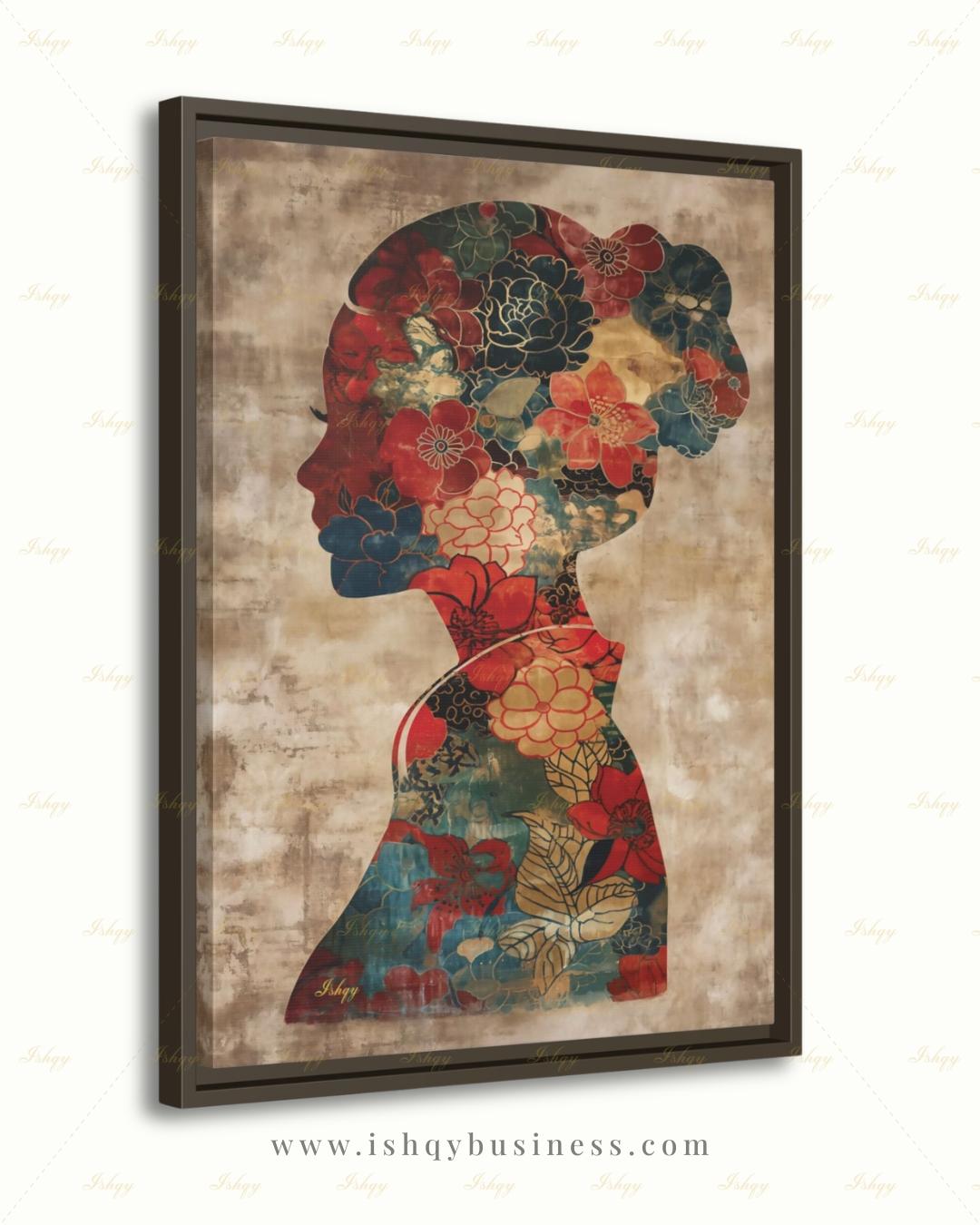 Chinese Woman Wall Art, Floral Silhouette Canvas Print, Asian Peony Botanical Decor, Boho Neutral Living Room Art, Framed Canvas Gift