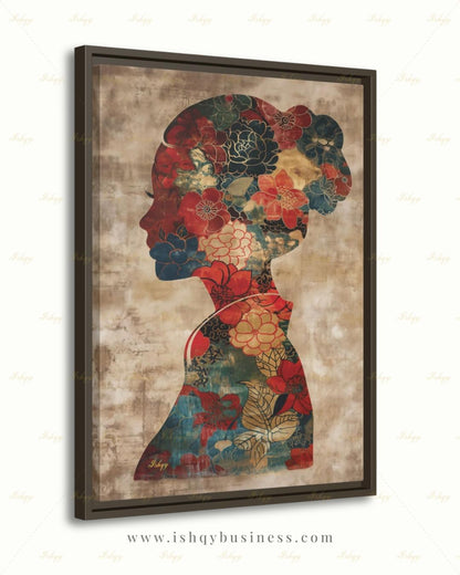 Chinese Woman Wall Art, Floral Silhouette Canvas Print, Asian Peony Botanical Decor, Boho Neutral Living Room Art, Framed Canvas Gift