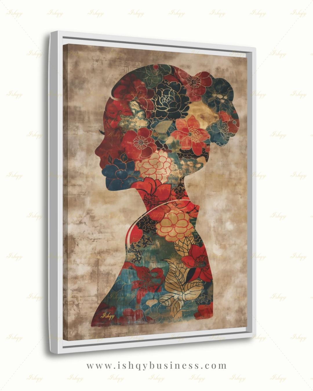 Chinese Woman Wall Art, Floral Silhouette Canvas Print, Asian Peony Botanical Decor, Boho Neutral Living Room Art, Framed Canvas Gift