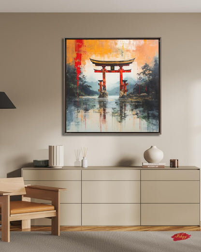 Japanese Torii Gate Canvas Wall Art, Abstract Red Shrine Framed Canvas Print, Zen Japandi Landscape Painting, Japan Living Room Wall Decor.  torii gate wall art, Japanese wall art, Japan travel print, abstract landscape, canvas wall art, art print, framed canvas print, zen wall decor, Japandi home decor, red orange wall art, living room wall art, meditation room art, Japan lover gift