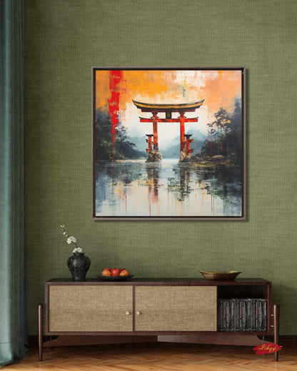 Japanese Torii Gate Canvas Wall Art, Abstract Red Shrine Framed Canvas Print, Zen Japandi Landscape Painting, Japan Living Room Wall Decor.  torii gate wall art, Japanese wall art, Japan travel print, abstract landscape, canvas wall art, art print, framed canvas print, zen wall decor, Japandi home decor, red orange wall art, living room wall art, meditation room art, Japan lover gift