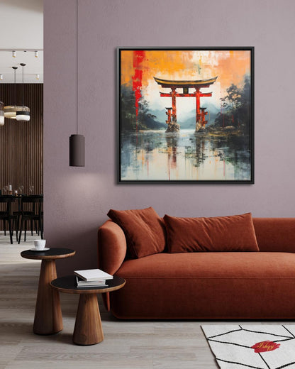 Japanese Torii Gate Canvas Wall Art, Abstract Red Shrine Framed Canvas Print, Zen Japandi Landscape Painting, Japan Living Room Wall Decor.  torii gate wall art, Japanese wall art, Japan travel print, abstract landscape, canvas wall art, art print, framed canvas print, zen wall decor, Japandi home decor, red orange wall art, living room wall art, meditation room art, Japan lover gift