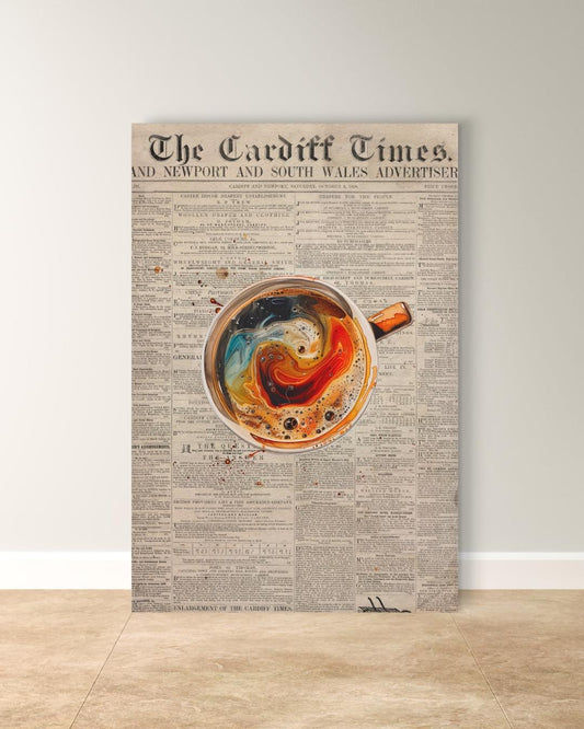 Vintage Coffee Newspaper Art Print Kitchen Wall Decor, Retro Café Canvas, Swirl Latte Artwork, Modern Coffee Bar Decor, Gift for Coffee Lovers