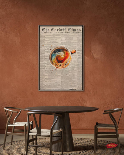 Vintage Coffee Newspaper Art Print Kitchen Wall Decor, Retro Café Canvas, Swirl Latte Artwork, Modern Coffee Bar Decor, Gift for Coffee Lovers