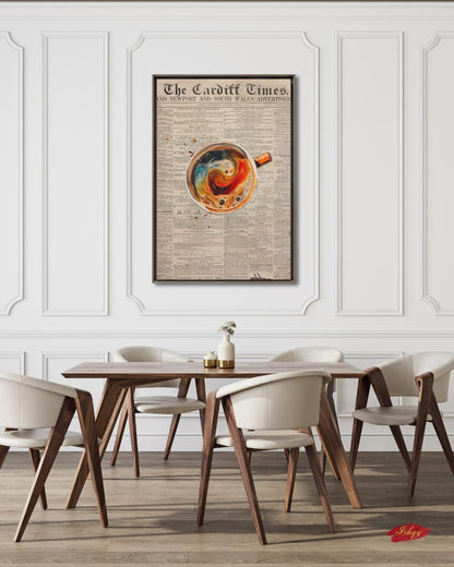 Vintage Coffee Newspaper Art Print Kitchen Wall Decor, Retro Café Canvas, Swirl Latte Artwork, Modern Coffee Bar Decor, Gift for Coffee Lovers