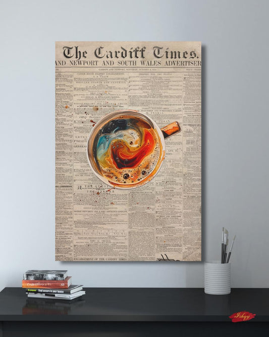 Vintage Coffee Newspaper Art Print Kitchen Wall Decor, Retro Café Canvas, Swirl Latte Artwork, Modern Coffee Bar Decor, Gift for Coffee Lovers