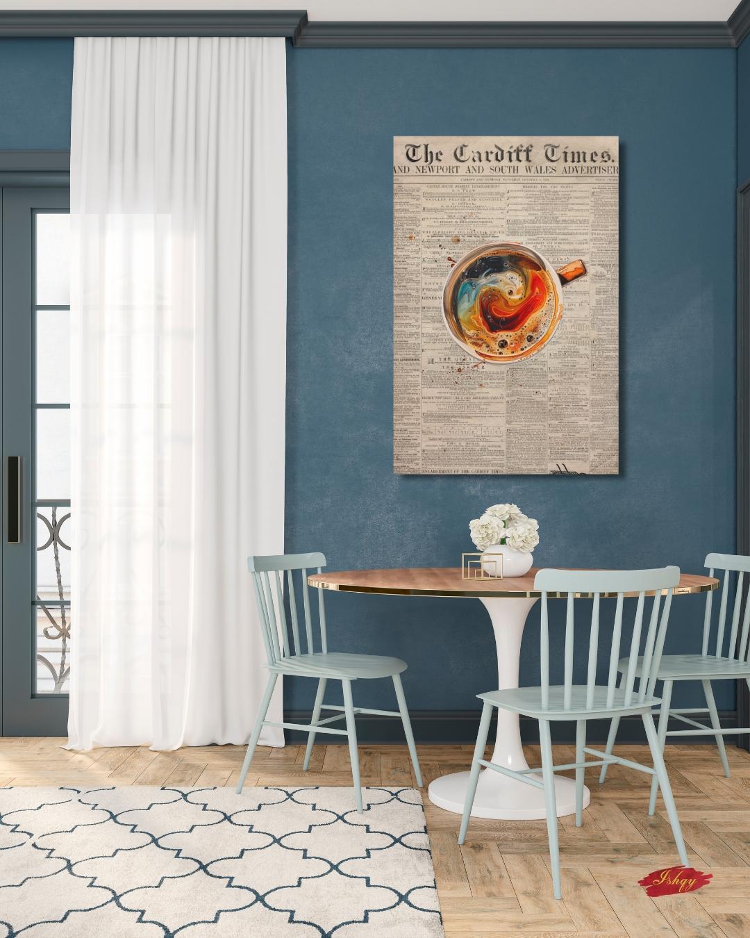 Vintage Coffee Newspaper Art Print Kitchen Wall Decor, Retro Café Canvas, Swirl Latte Artwork, Modern Coffee Bar Decor, Gift for Coffee Lovers