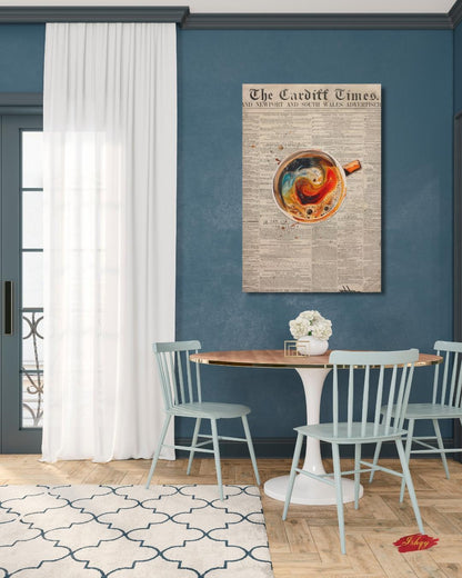 Vintage Coffee Newspaper Art Print Kitchen Wall Decor, Retro Café Canvas, Swirl Latte Artwork, Modern Coffee Bar Decor, Gift for Coffee Lovers