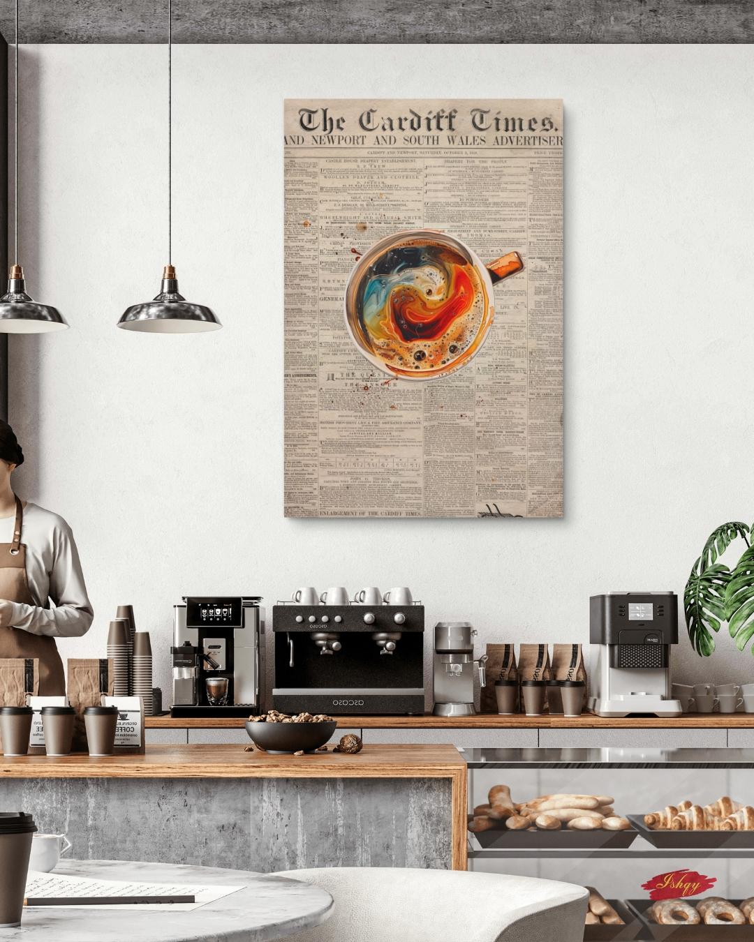 Vintage Coffee Newspaper Art Print Kitchen Wall Decor, Retro Café Canvas, Swirl Latte Artwork, Modern Coffee Bar Decor, Gift for Coffee Lovers