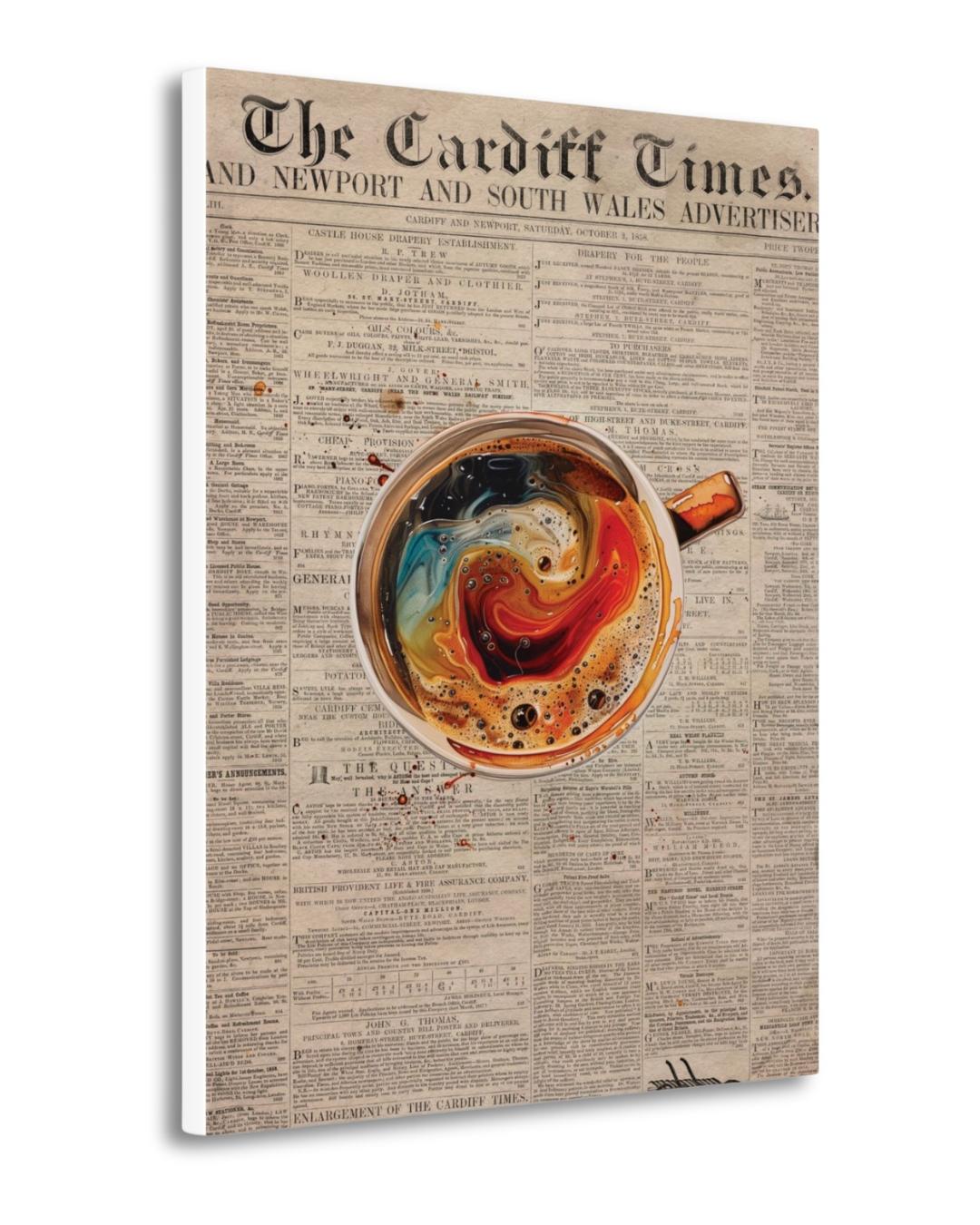 Vintage Coffee Newspaper Art Print Kitchen Wall Decor, Retro Café Canvas, Swirl Latte Artwork, Modern Coffee Bar Decor, Gift for Coffee Lovers