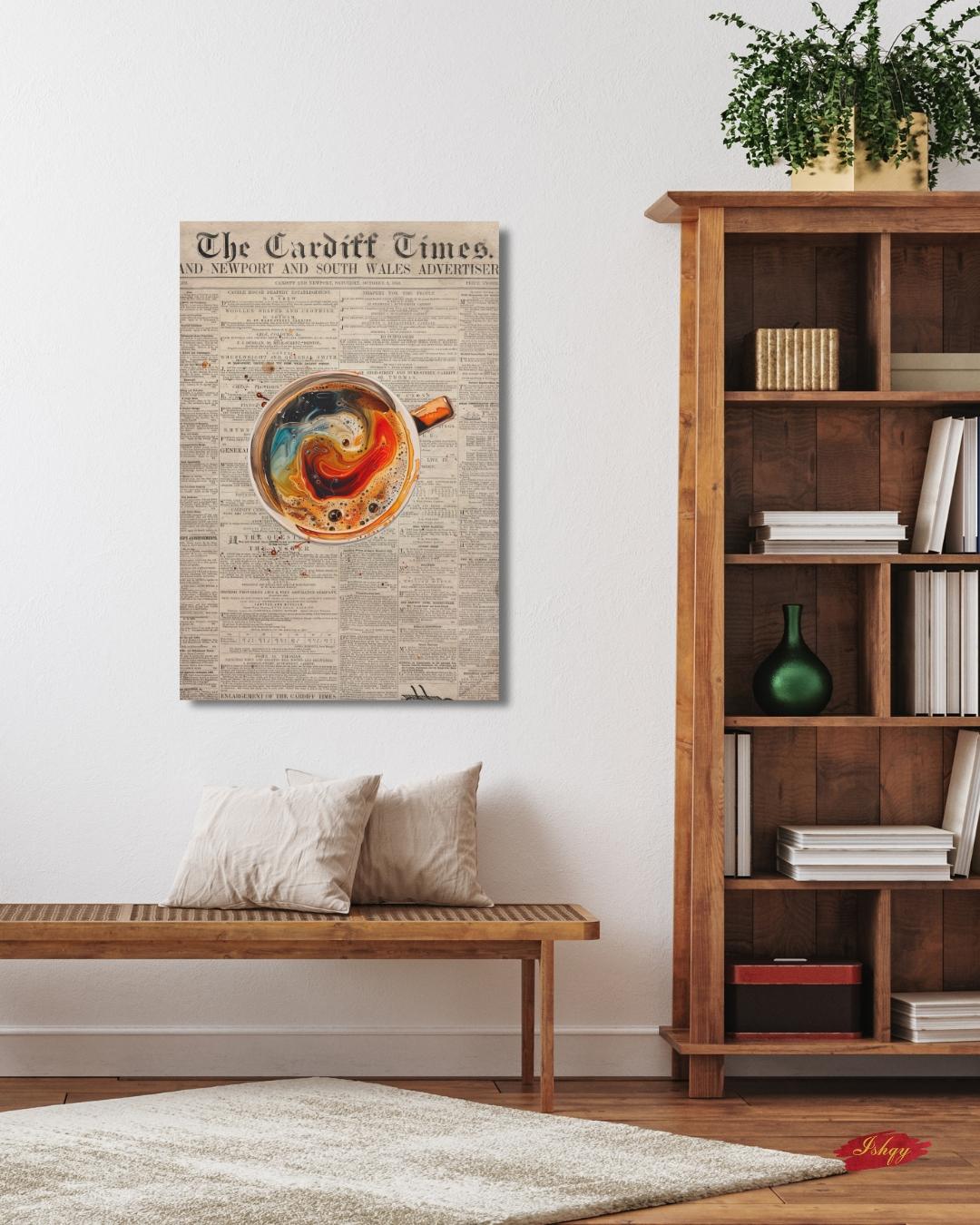 Vintage Coffee Newspaper Art Print Kitchen Wall Decor, Retro Café Canvas, Swirl Latte Artwork, Modern Coffee Bar Decor, Gift for Coffee Lovers