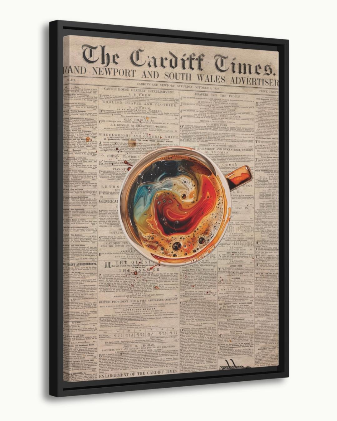 Vintage Coffee Newspaper Art Print Kitchen Wall Decor, Retro Café Canvas, Swirl Latte Artwork, Modern Coffee Bar Decor, Gift for Coffee Lovers