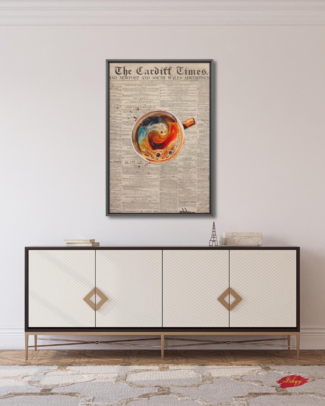 Vintage Coffee Newspaper Art Print Kitchen Wall Decor, Retro Café Canvas, Swirl Latte Artwork, Modern Coffee Bar Decor, Gift for Coffee Lovers