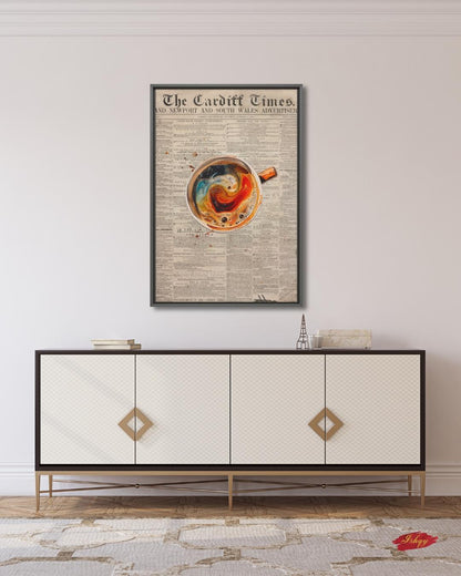 Vintage Coffee Newspaper Art Print Kitchen Wall Decor, Retro Café Canvas, Swirl Latte Artwork, Modern Coffee Bar Decor, Gift for Coffee Lovers