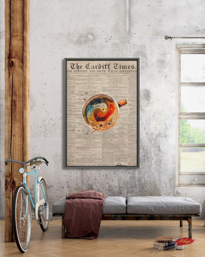 Vintage Coffee Newspaper Art Print Kitchen Wall Decor, Retro Café Canvas, Swirl Latte Artwork, Modern Coffee Bar Decor, Gift for Coffee Lovers