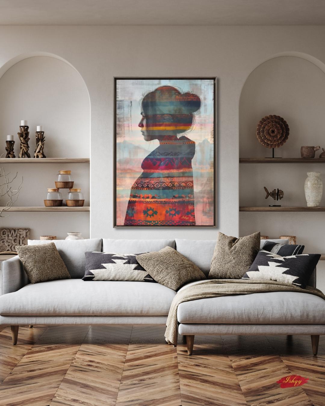 Mapuche Woman Art, Chile Wall Art, Andean Textile Print, Boho Home Decor, Ethnic Canvas Art, Latin American Decor, Silhouette Artwork