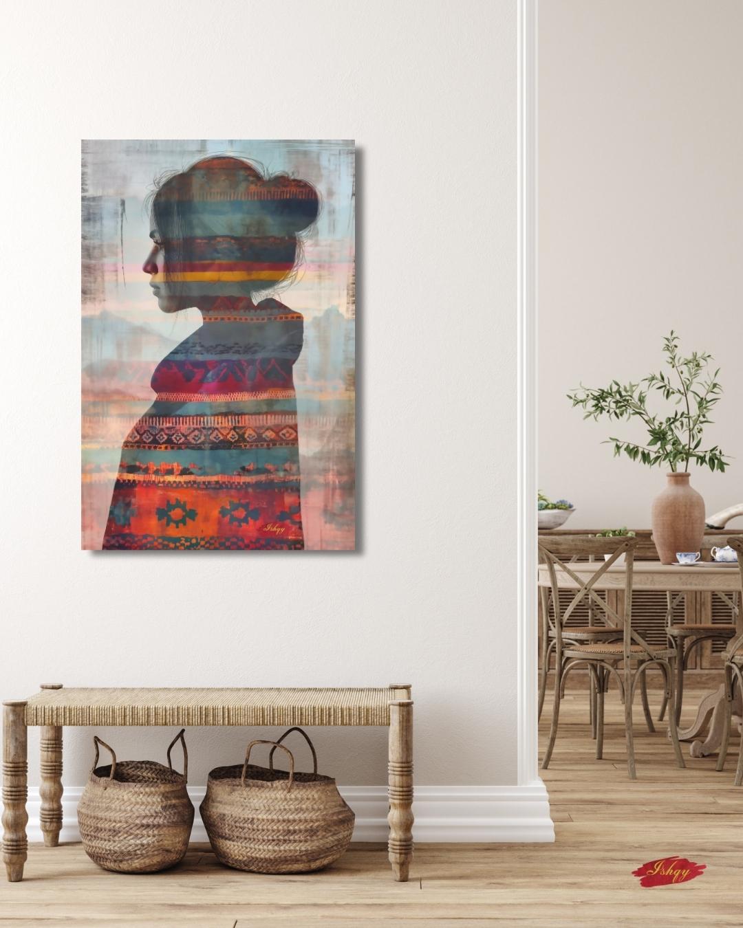 Mapuche Woman Art, Chile Wall Art, Andean Textile Print, Boho Home Decor, Ethnic Canvas Art, Latin American Decor, Silhouette Artwork