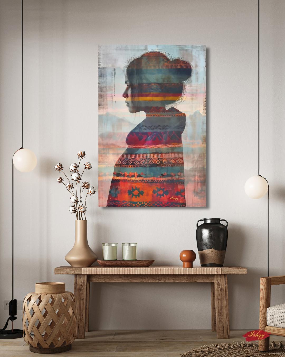 Mapuche Woman Art, Chile Wall Art, Andean Textile Print, Boho Home Decor, Ethnic Canvas Art, Latin American Decor, Silhouette Artwork