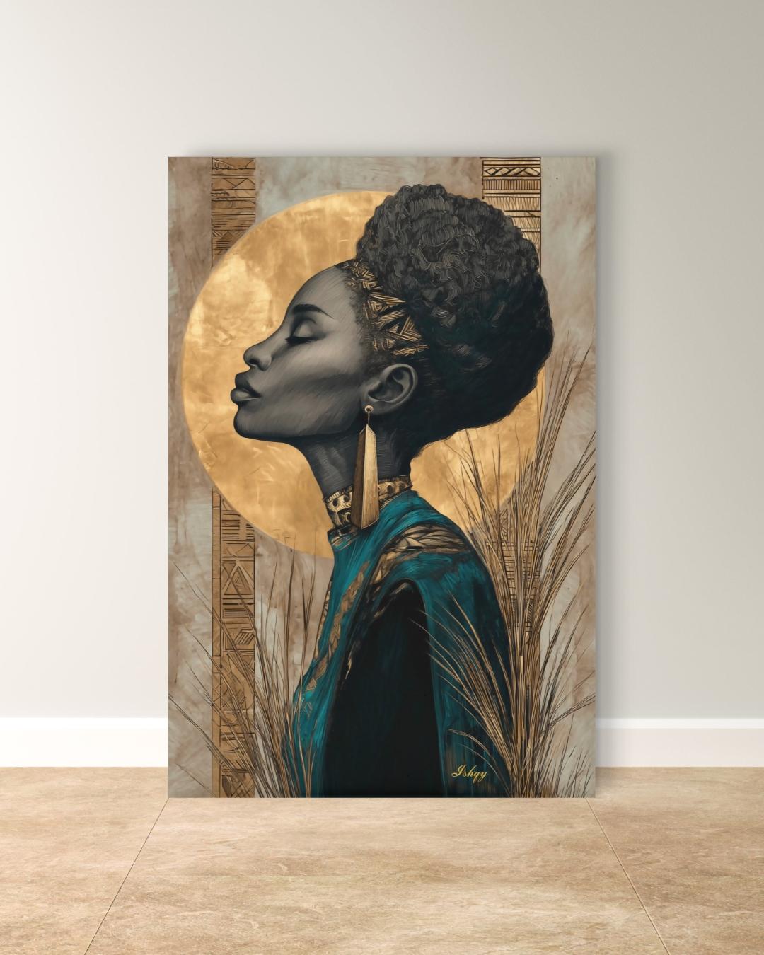 African Woman Gold Halo Wall Art, Black Queen Line Drawing, Tribal Elegance Canvas Print, Afrocentric Luxury Home Decor