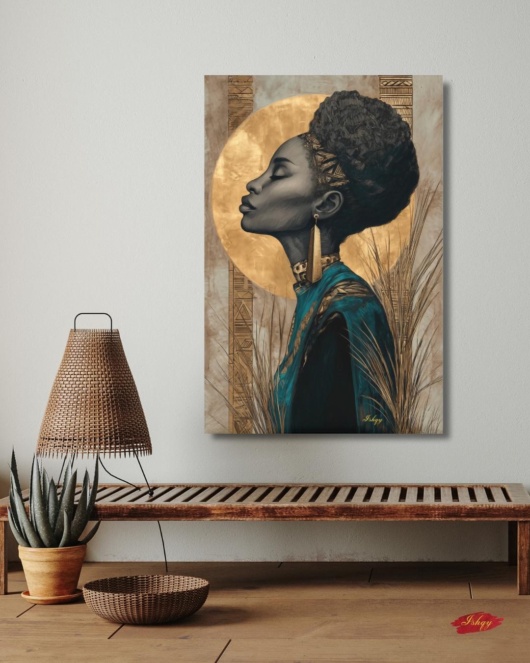 African Woman Gold Halo Wall Art, Black Queen Line Drawing, Tribal Elegance Canvas Print, Afrocentric Luxury Home Decor