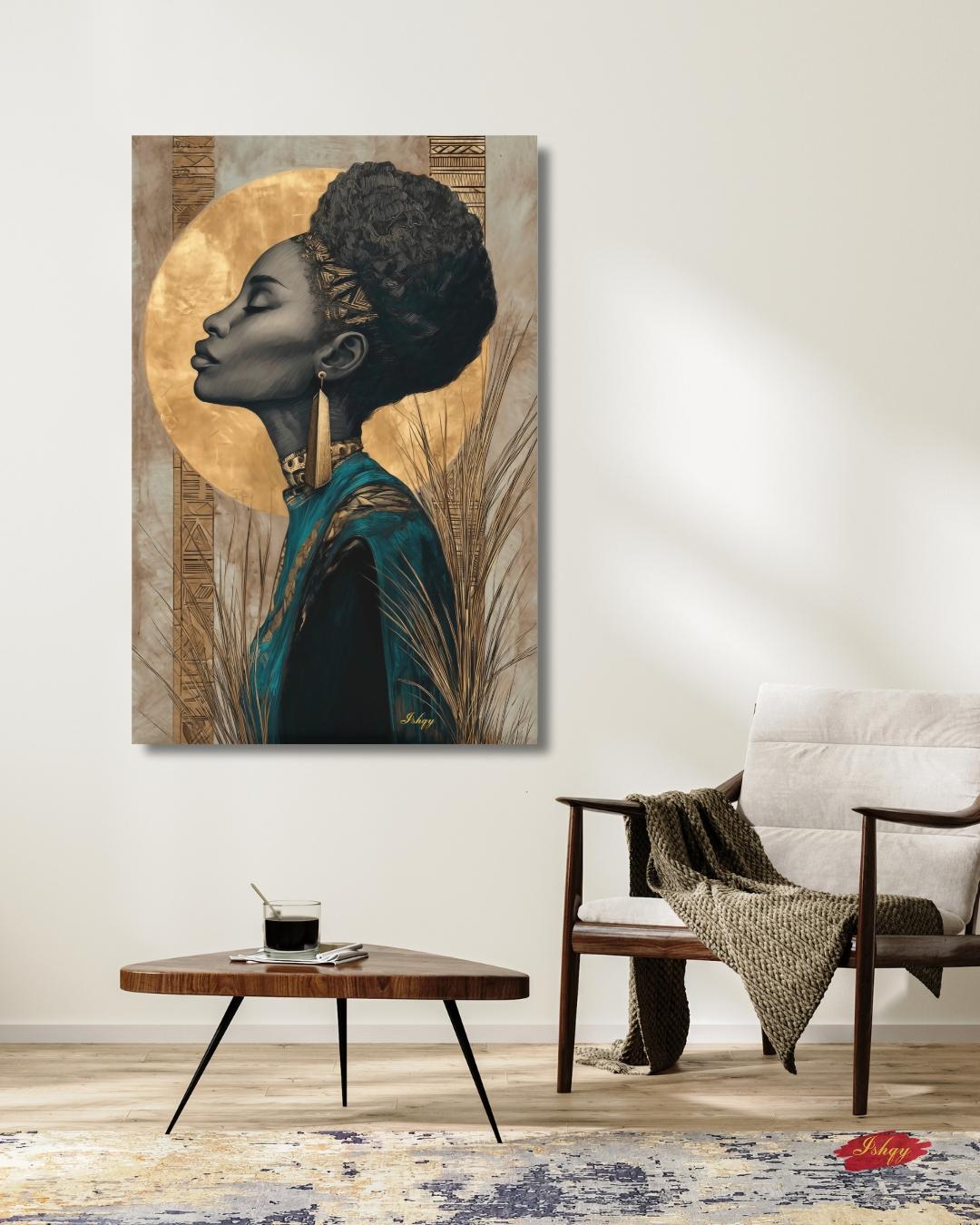 African Woman Gold Halo Wall Art, Black Queen Line Drawing, Tribal Elegance Canvas Print, Afrocentric Luxury Home Decor