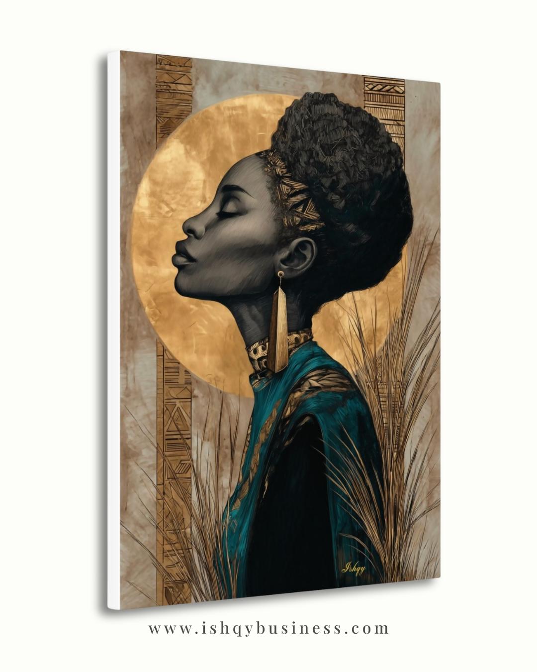 African Woman Gold Halo Wall Art, Black Queen Line Drawing, Tribal Elegance Canvas Print, Afrocentric Luxury Home Decor