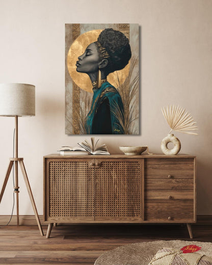 African Woman Gold Halo Wall Art, Black Queen Line Drawing, Tribal Elegance Canvas Print, Afrocentric Luxury Home Decor