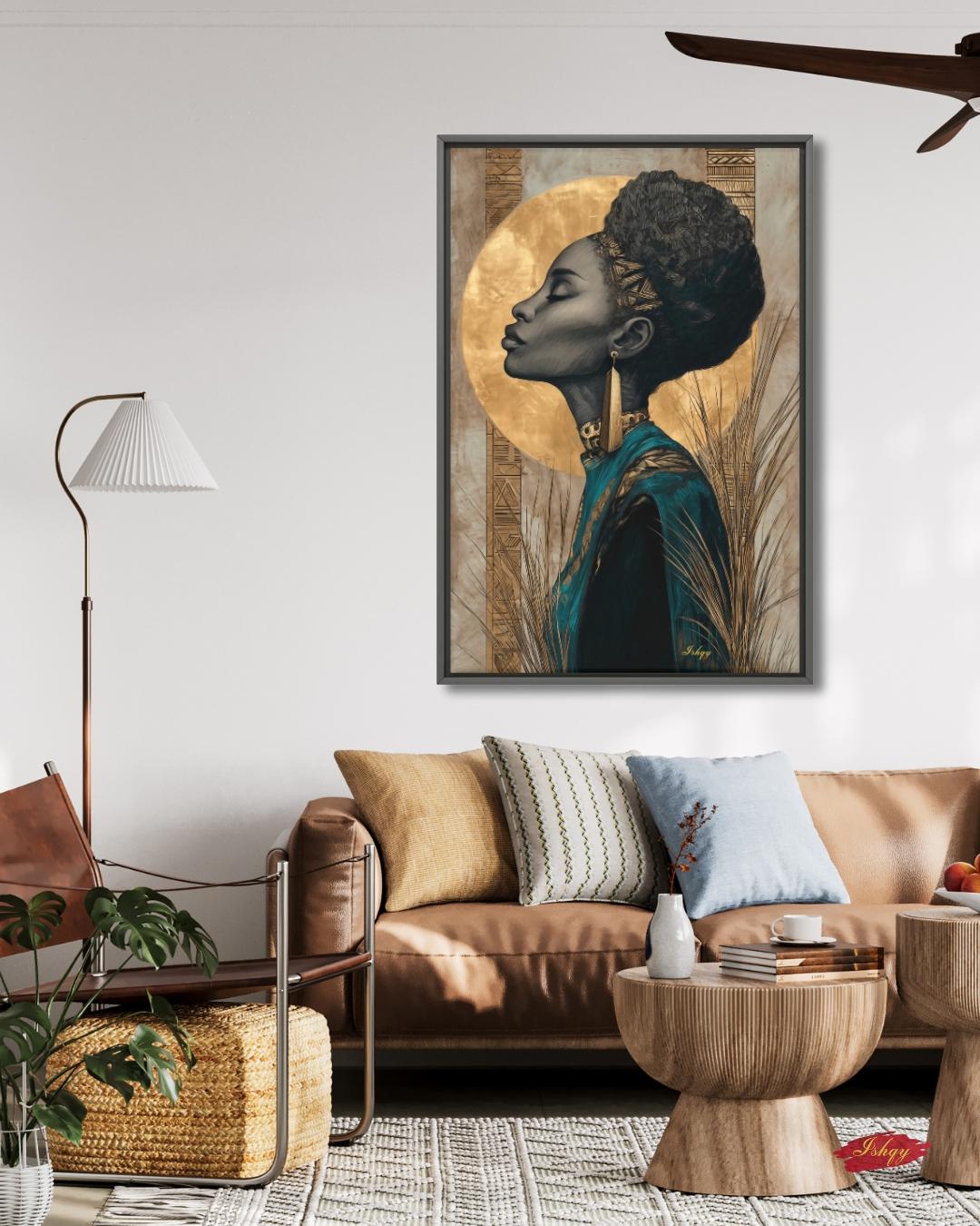 African Woman Gold Halo Wall Art, Black Queen Line Drawing, Tribal Elegance Canvas Print, Afrocentric Luxury Home Decor