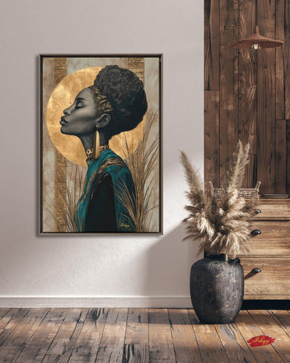 African Woman Gold Halo Wall Art, Black Queen Line Drawing, Tribal Elegance Canvas Print, Afrocentric Luxury Home Decor