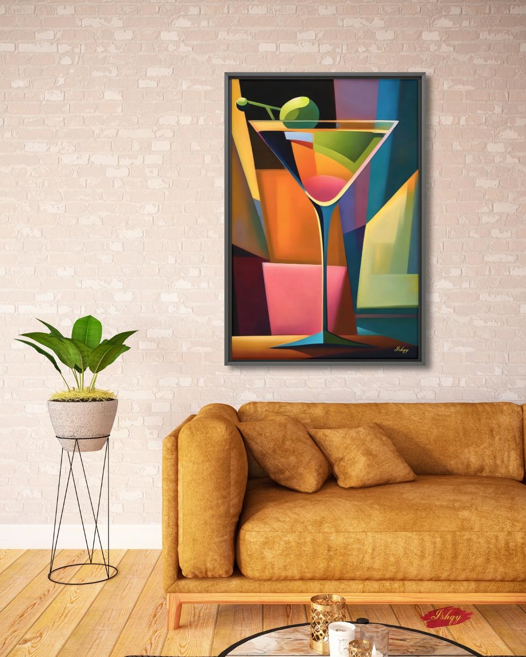 Cocktail Wall Art Martini Glass Painting, Colorful Abstract Bar Decor, Modern Kitchen Art Print, Vibrant Drink Canvas for Home Bar Lounge