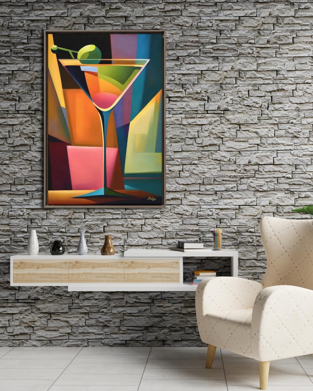 Cocktail Wall Art Martini Glass Painting, Colorful Abstract Bar Decor, Modern Kitchen Art Print, Vibrant Drink Canvas for Home Bar Lounge
