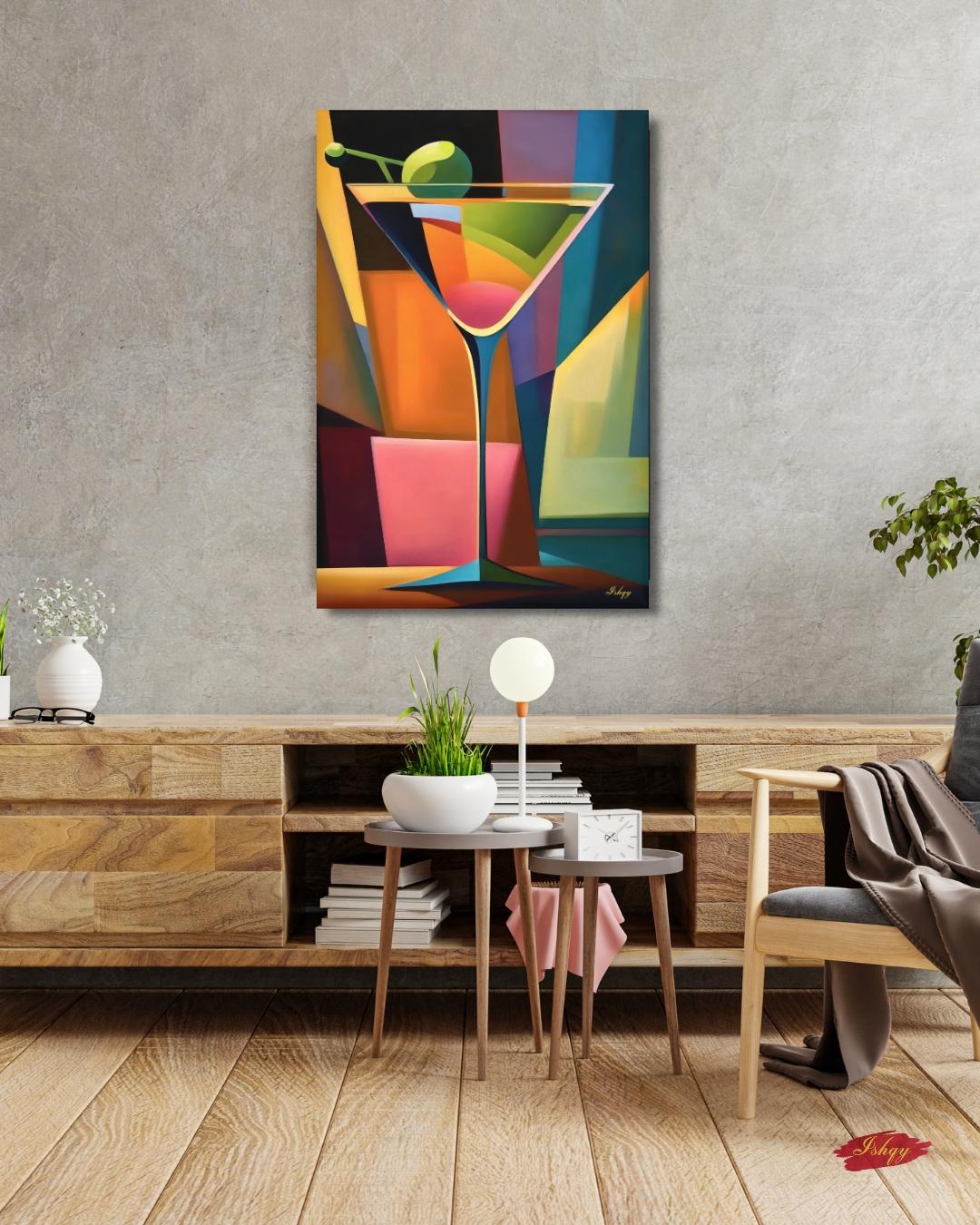 Cocktail Wall Art Martini Glass Painting, Colorful Abstract Bar Decor, Modern Kitchen Art Print, Vibrant Drink Canvas for Home Bar Lounge