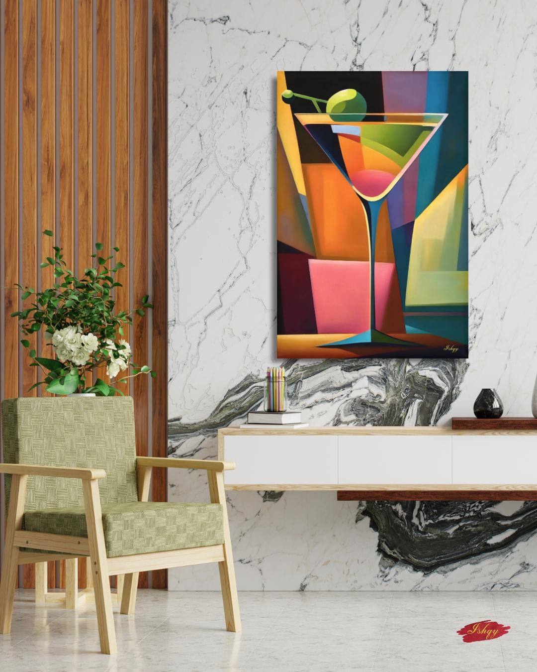 Cocktail Wall Art Martini Glass Painting, Colorful Abstract Bar Decor, Modern Kitchen Art Print, Vibrant Drink Canvas for Home Bar Lounge