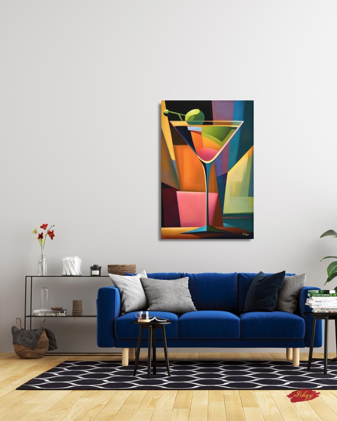 Cocktail Wall Art Martini Glass Painting, Colorful Abstract Bar Decor, Modern Kitchen Art Print, Vibrant Drink Canvas for Home Bar Lounge
