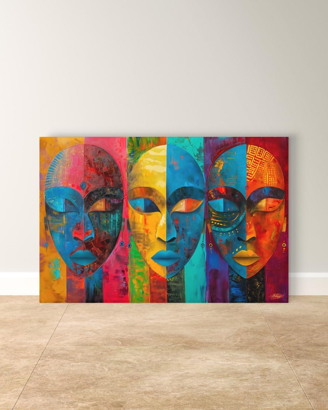 Colorful African Mask Wall Art Print, Canvas, Framed Canvas, Abstract Tribal Faces Painting, Bold Boho Decor for Living Room Bedroom Office