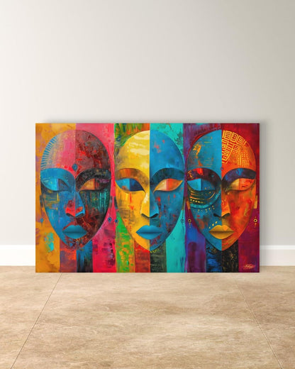 Colorful African Mask Wall Art Print, Canvas, Framed Canvas, Abstract Tribal Faces Painting, Bold Boho Decor for Living Room Bedroom Office