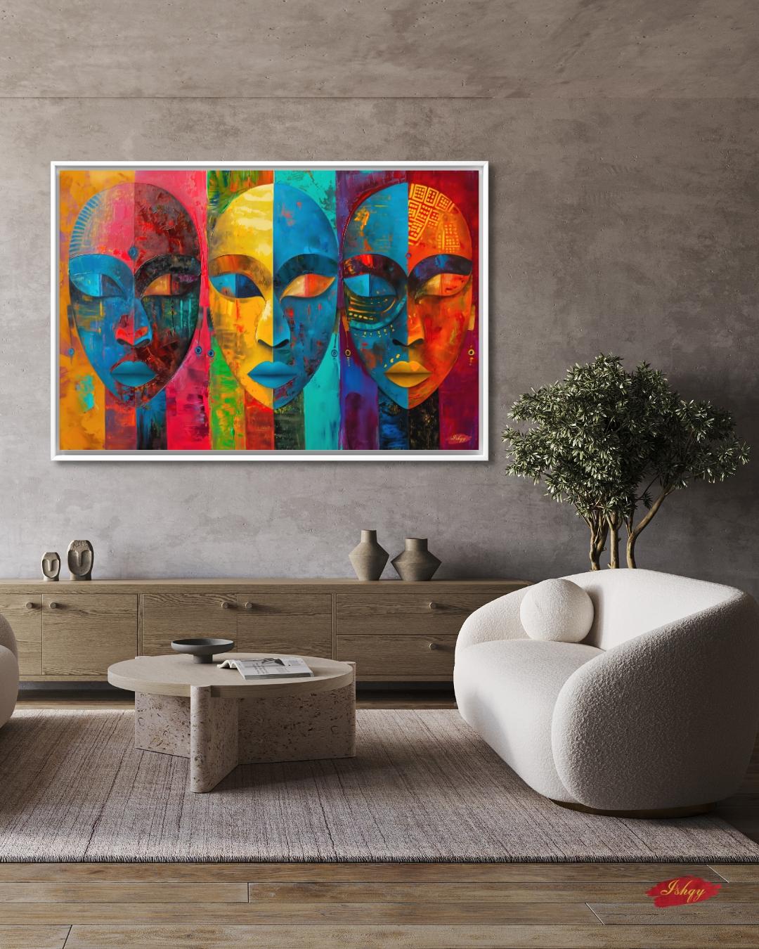 Colorful African Mask Wall Art Print, Canvas, Framed Canvas, Abstract Tribal Faces Painting, Bold Boho Decor for Living Room Bedroom Office