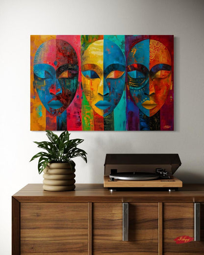 Colorful African Mask Wall Art Print, Canvas, Framed Canvas, Abstract Tribal Faces Painting, Bold Boho Decor for Living Room Bedroom Office