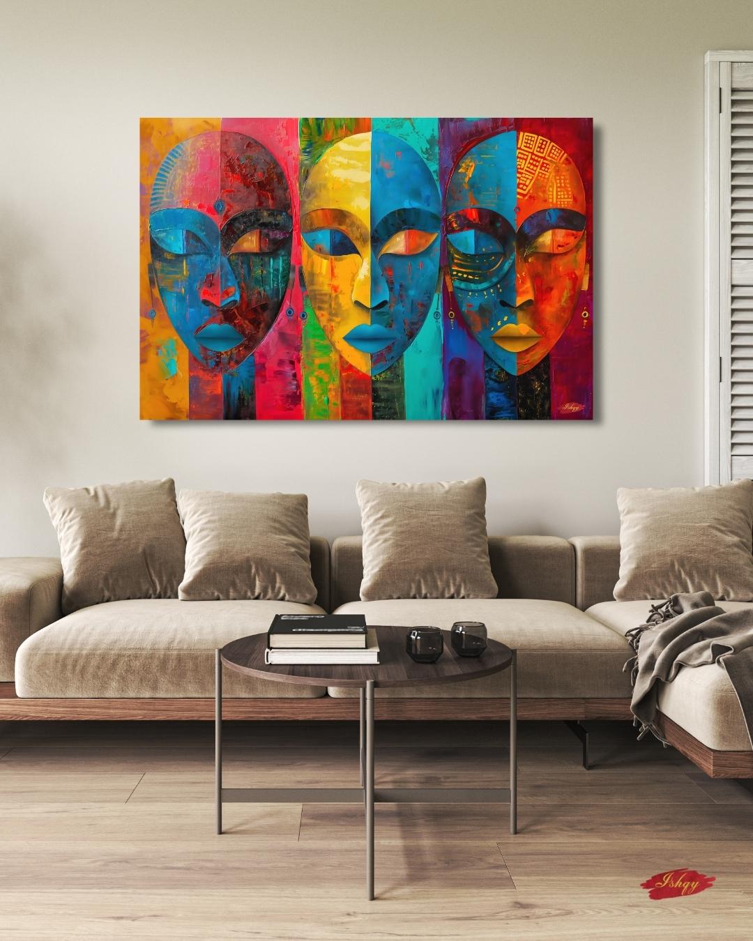 Colorful African Mask Wall Art Print, Canvas, Framed Canvas, Abstract Tribal Faces Painting, Bold Boho Decor for Living Room Bedroom Office